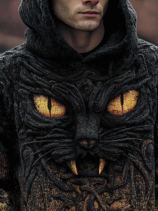 Men's Spooky Devil Black Cat Halloween Chunky Hooded Sweater elevenforest