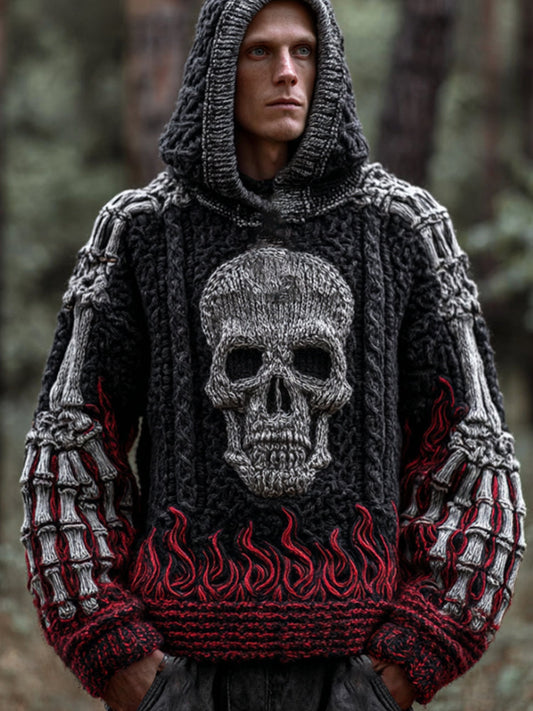 Men's Halloween Vintage Skull And Flame Three-dimensional Embroidery Hooded Sweater elevenforest