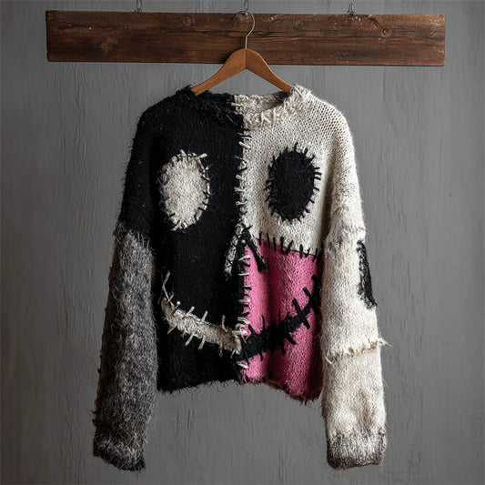 Halloween Spook Faces Colorblock Stitched Cozy Fuzzy Sweater elevenforest