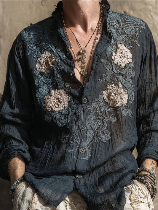 Men's Vintage Floral Embroidered Linen Shirt artswardrobe