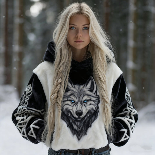 Comstylish Women's Vintage Viking Celtic Knot And Wolf Pattern Plush Hoodie