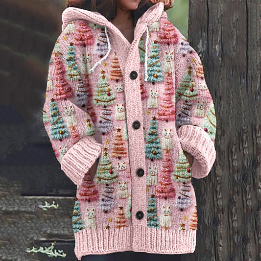 Comstylish Christmas Tree Cat Print Knitted Hooded Cardigan