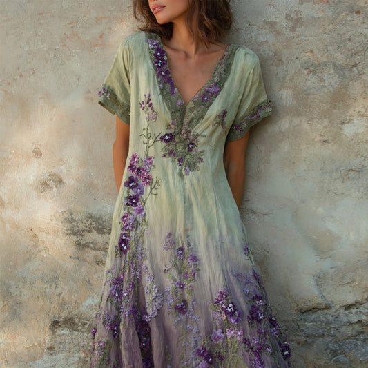 Purple Floral Embroidered Gradient Vintage Linen Maxi Dress artswardrobe
