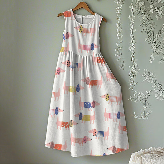 Vintage Dachshund Dog Art Linen Tank Midi Dress artswardrobe