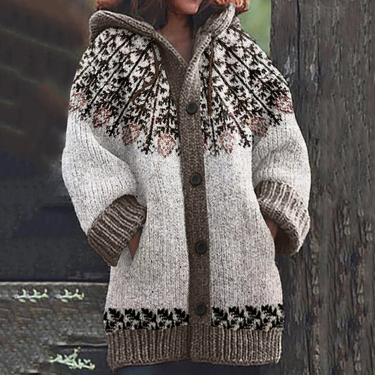 Retro Floral Contrast Jacquard Button Cozy Sweater elevenforest