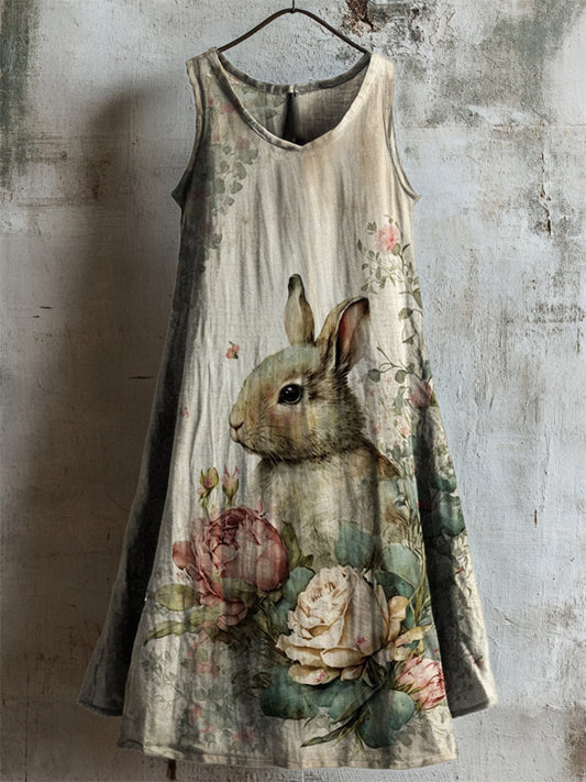 Vintage Bunny Floral Art Linen Tank Dress artswardrobe