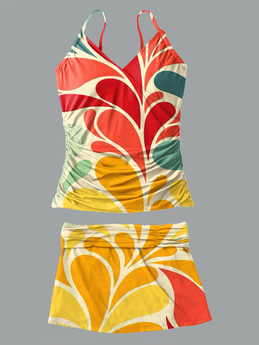 V-Neck Vintage Flowers Print Suspender Skirt Tankini Pantskirt Set Swimsuit