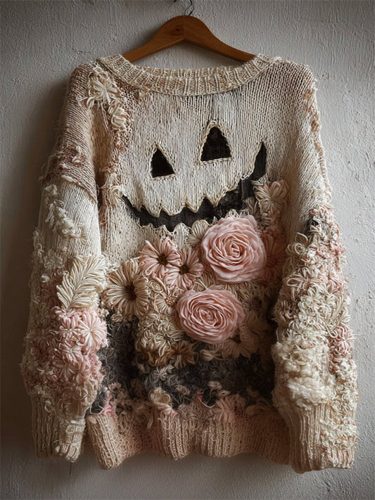 Halloween Spooky Face & Roses Floral Cozy Knit Sweater elevenforest
