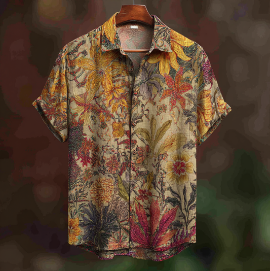 Bohemian Style Plant And Flower Pattern Men's Retro Cotton And Linen Shirt artswardrobe