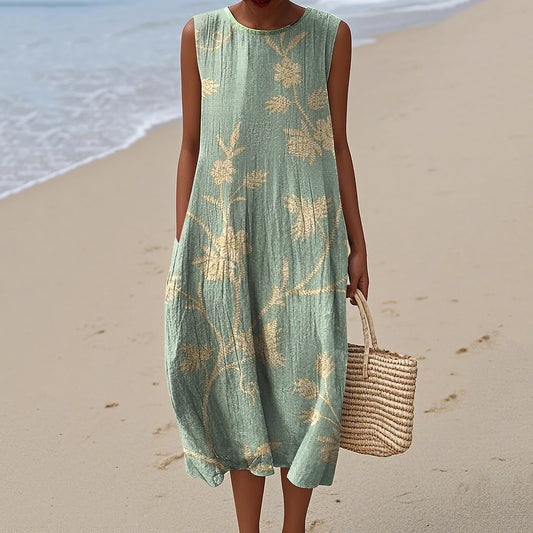 Women's Retro Floral Print Linen Tank Dress artswardrobe