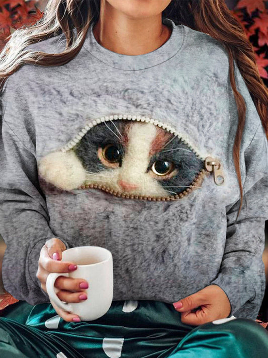 Cute Zipper Felt Cat Women's Sweatshirt elevenforest