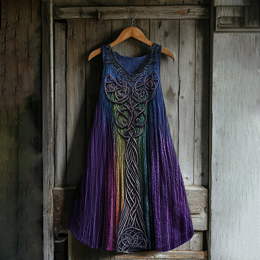 Women's Vintage Viking Tie-dye Print Cotton And Linen Dress artswardrobe