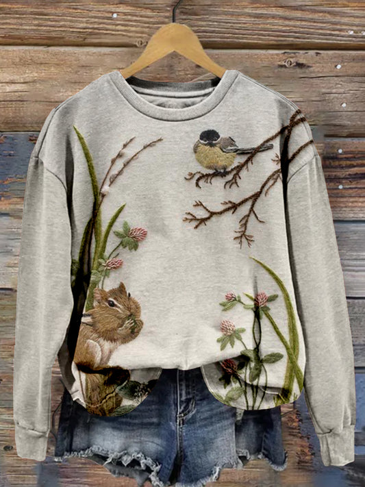 Comstylish Cute Squirrel and Bird Embroidered Comfy Sweatshirt