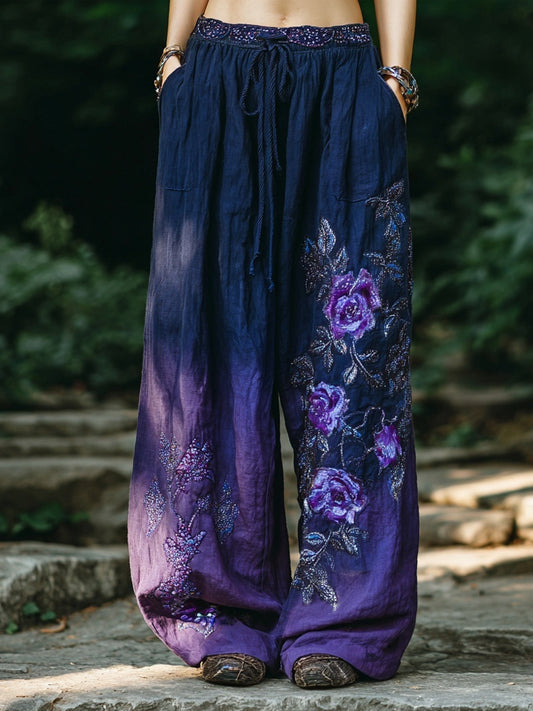 Vintage Purple Roses Embroidered Gradient Linen Trousers artswardrobe