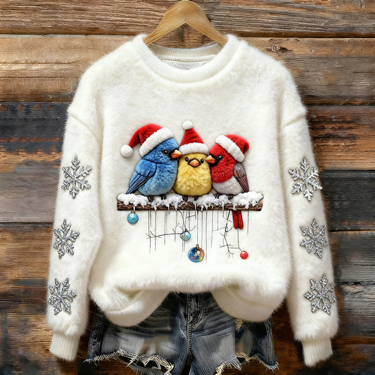 Comstylish Women's Vintage Plush Snowflake And Bird Pattern Christmas Sweatshirt