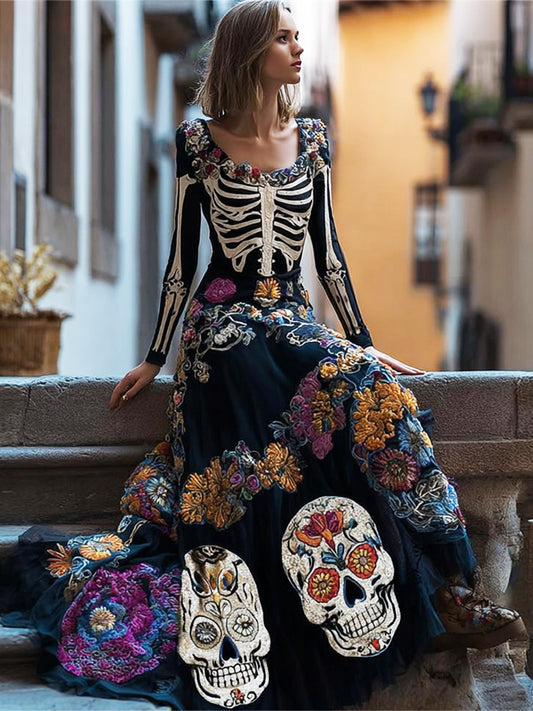 Comstylish Mexican Skull & Skeleton Embroidered Women's Long-sleeved Flowing Maxi Dress