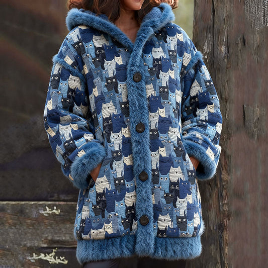 Retro Style Cute Cats Cats Art Cozy Knit Hooded Cardigan elevenforest