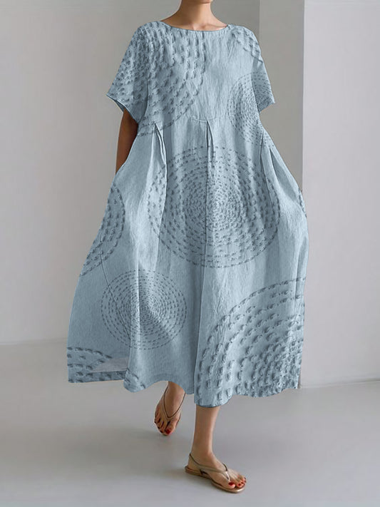 Comstylish Sea Waves Ripples Japanese Embroidered Linen Blend Maxi Dress