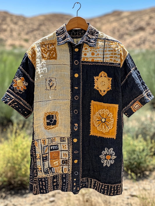 Men's Retro Stitching Contrast Totem Linen Shirt artswardrobe