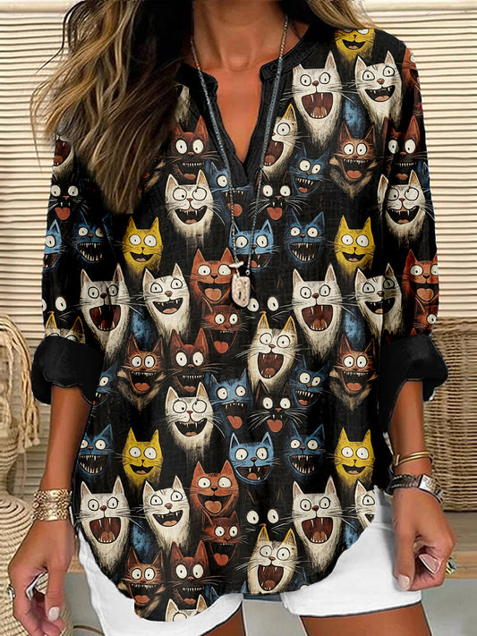 Cartoonish Smiling Cats Pattern Cozy Linen Tunic elevenforest