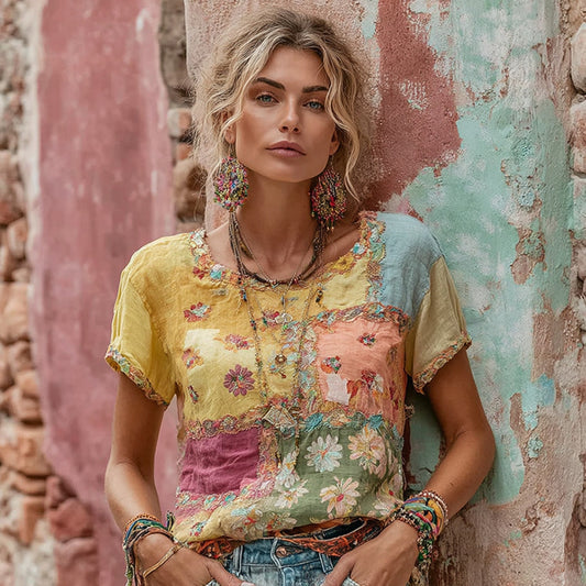 Women's Bohemian Daisy Embroidery Patchwork Art Round Neck Short Sleeve Linen Blend T-shirt artswardrobe