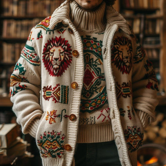 Men's Vintage Lion Ethnic Pattern Jacquard Cozy Knit Cardigan artswardrobe