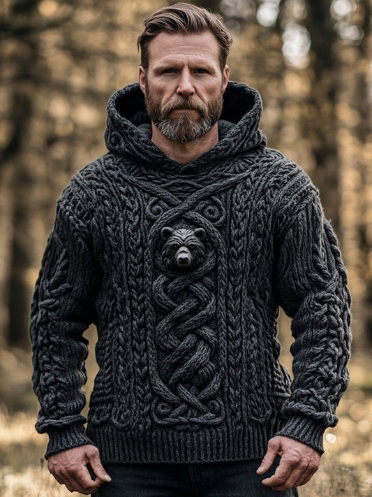 Bear & Celtic Knot Knit Pattern Men's Hooded Sweater elevenforest