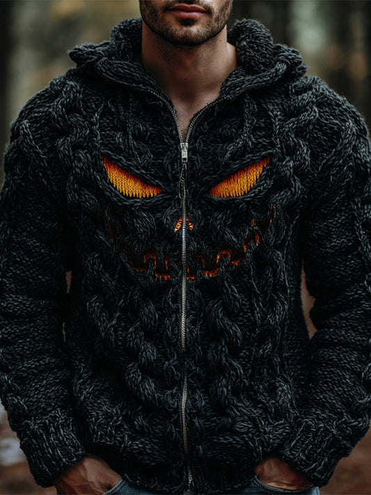 Halloween Evil Pumpkin Face Men's Chunky Knit Full Zip Hooded Sweater artswardrobe