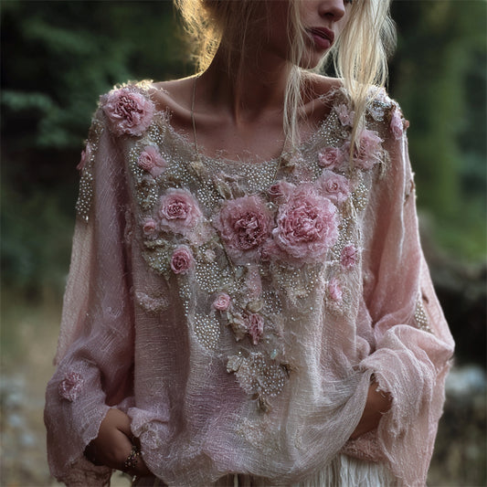 Comstylish Boho Pink Flowers Fiber Art Glitter Beaded Flowy Linen Tunic