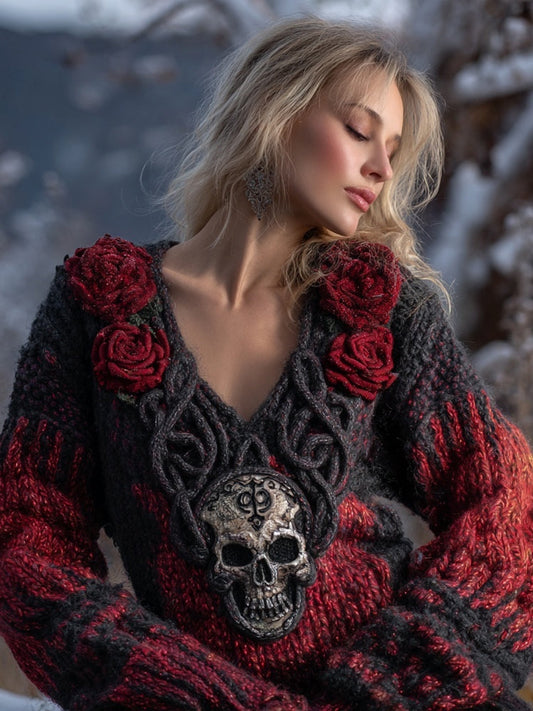 Vintage Red Roses Viking Celtic Skull V Neck Cozy Knit Sweater artswardrobe