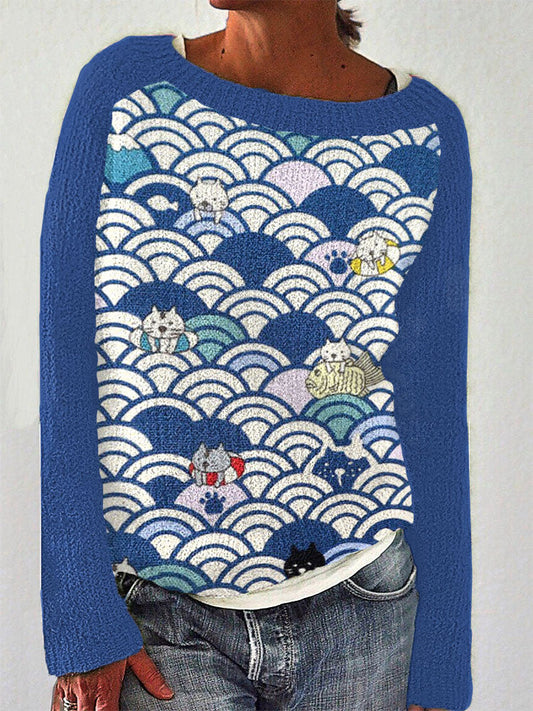 Waves & Cats Japanese Art Print Cozy Sweater elevenforest