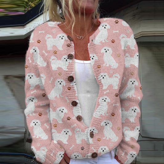 Comstylish Cute Dog Print Casual Long Sleeve Knitted Cardigan