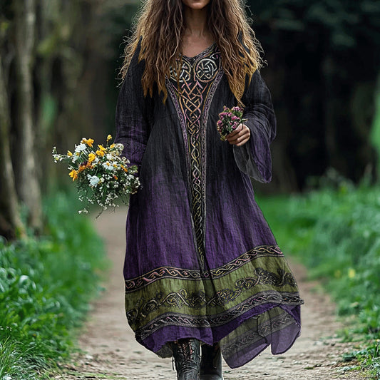 Women's Vintage Tree Of Life Gradient Art Linen Dress artswardrobe