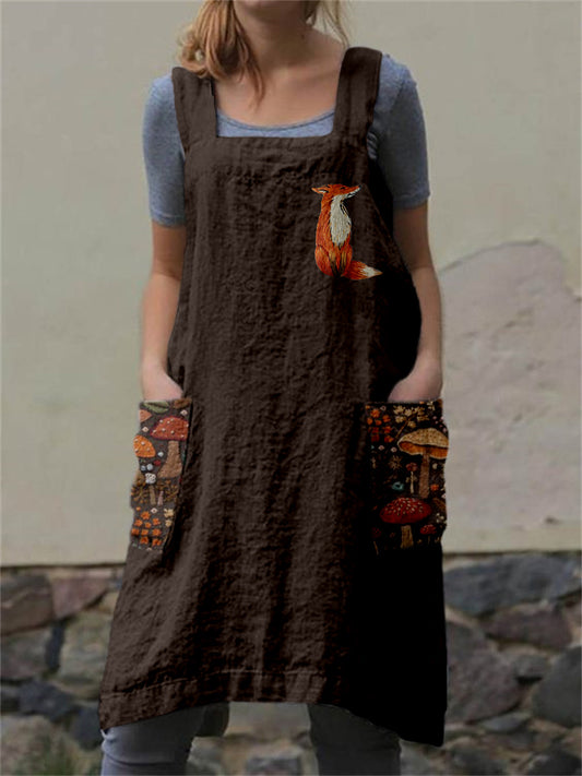 Cute Fox & Floral Mushroom Embroidery Art Cross Back Apron artswardrobe