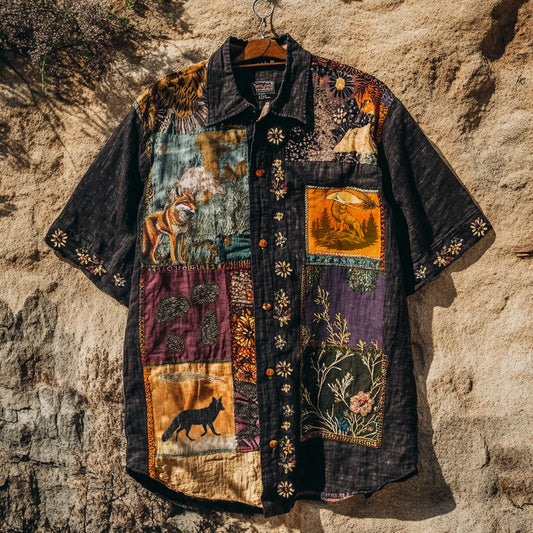 Men's Retro Fox Patchwork Contrast Color Support Our National Parks Art Linen Casual Shirt artswardrobe