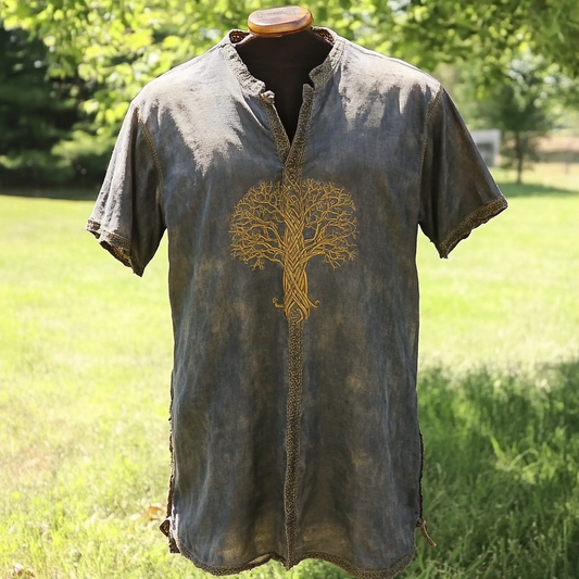 Men's Vintage Viking Tree Of Life Linen Shirt artswardrobe