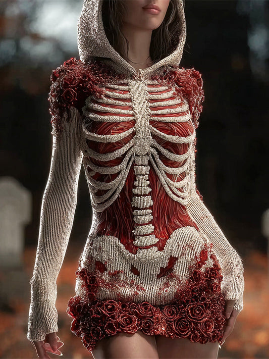 Halloween Bloody Skeleton & Floral Art Women's Knit Mini Dress artswardrobe