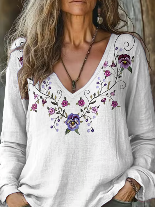 Women's Alzheimer's Floral Printed Cotton And Linen Long Sleeve Top artswardrobe