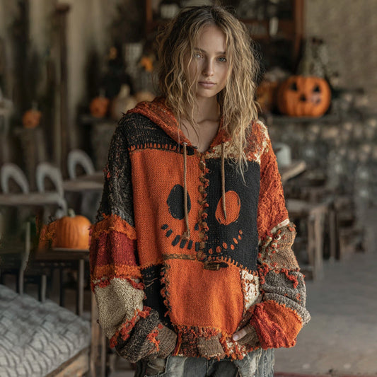 Halloween Spooky Face Patchwork Stitched Cozy Knit Hooded elevenforest