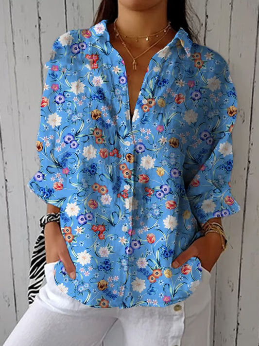 Comstylish Women's Casual Cotton And Linen Vintage Floral Shirt