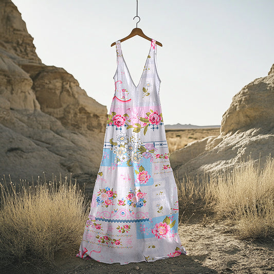 Women's Vintage Floral Patchwork Cotton And Linen Sleeveless Dress artswardrobe