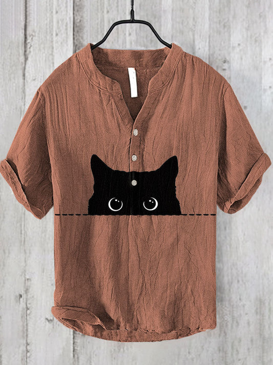 Japanese Art Black Cat Print Cotton Blend Shirt elevenforest