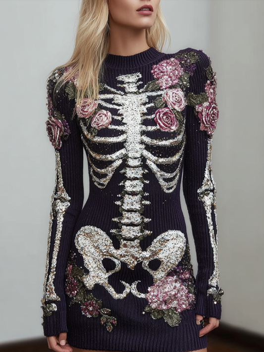 Woman's Round-necked Knitted Sweater Dress With A Skeleton Design Combined With Plant And Flower Patterns For Halloween. artswardrobe