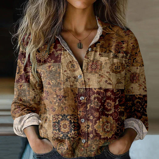 Comstylish Bohemian Style Ethnic Floral Patchwork Linen Print Long Sleeve Shirt