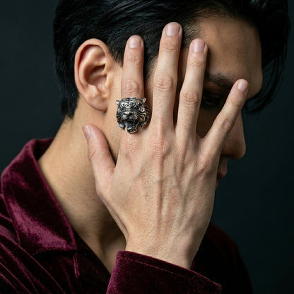 Roaring Tiger Head Wide Band Ring