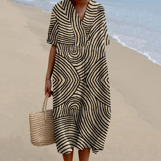 Women's Vintage Stripe Pattern Linen Comfy Maxi Dress artswardrobe