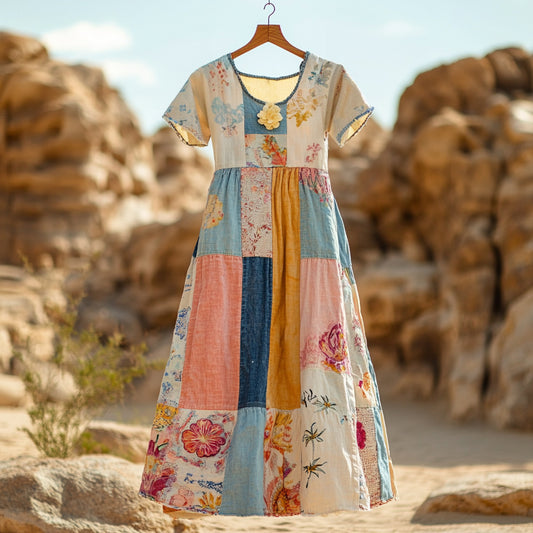 Women's Bohemian Floral Patchwork Cotton And Linen Short Sleeve Dress artswardrobe