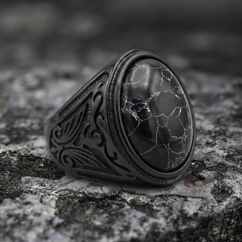 Black Marble Oval Cabochon Signet Ring