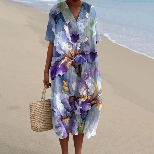 Women's Leisure Holiday Flowers Print Flowy Dress artswardrobe
