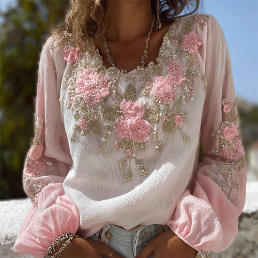 Comstylish Vintage Classy Pink Flowers Beaded Gradient Linen Tunic